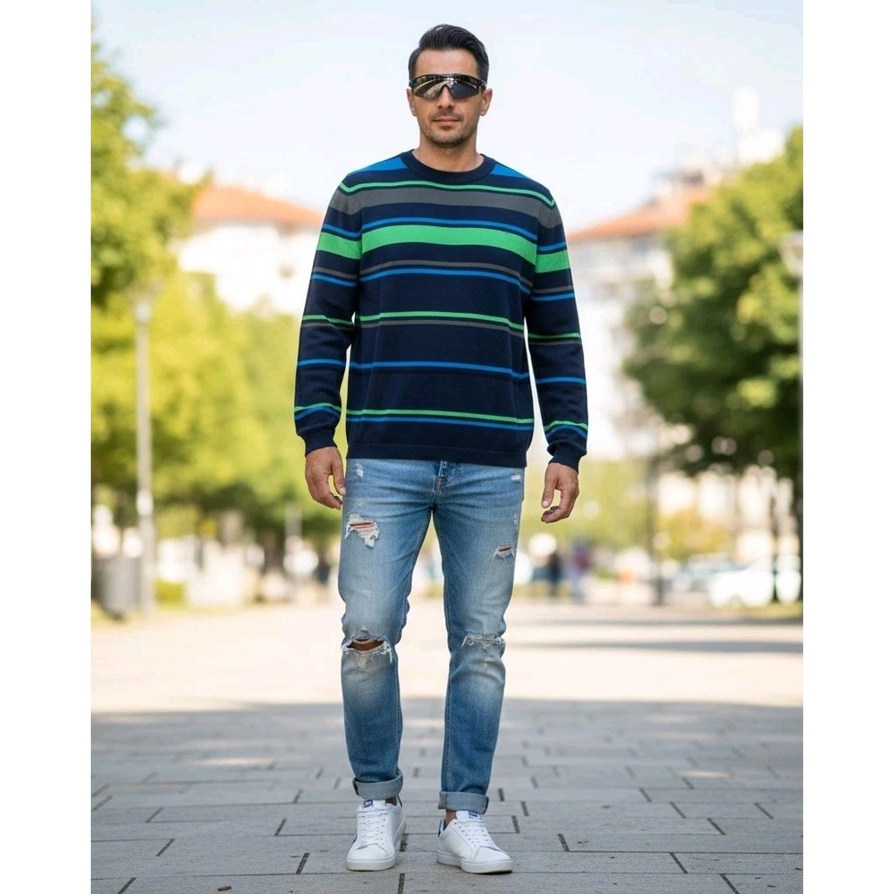 Oakley Slim Fit Sweater XL Men Blue Stripe 100% Cotton Crew Long Sleeved